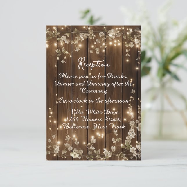 Wood Rustic String Lights White Floral Reception Enclosure Card (Standing Front)
