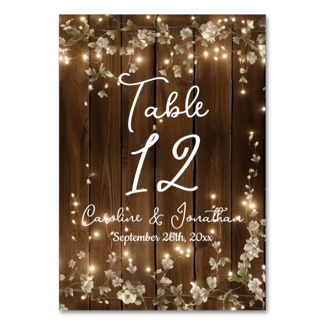 Wood Rustic String Lights White Floral Table No. Table Number (Front)