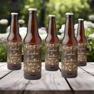 Wood Rustic String Lights White Floral Wedding Beer Bottle Label