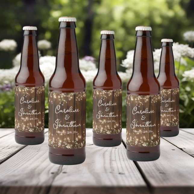Wood Rustic String Lights White Floral Wedding Beer Bottle Label (Creator Uploaded)