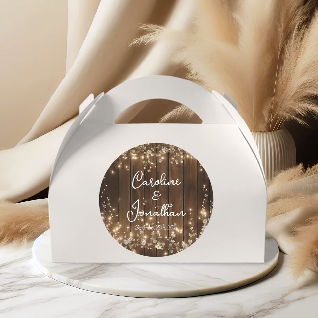 Wood Rustic String Lights White Floral Wedding Classic Round Sticker (Creator Uploaded)