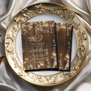 Wood Rustic String Lights White Floral Wedding Invitation