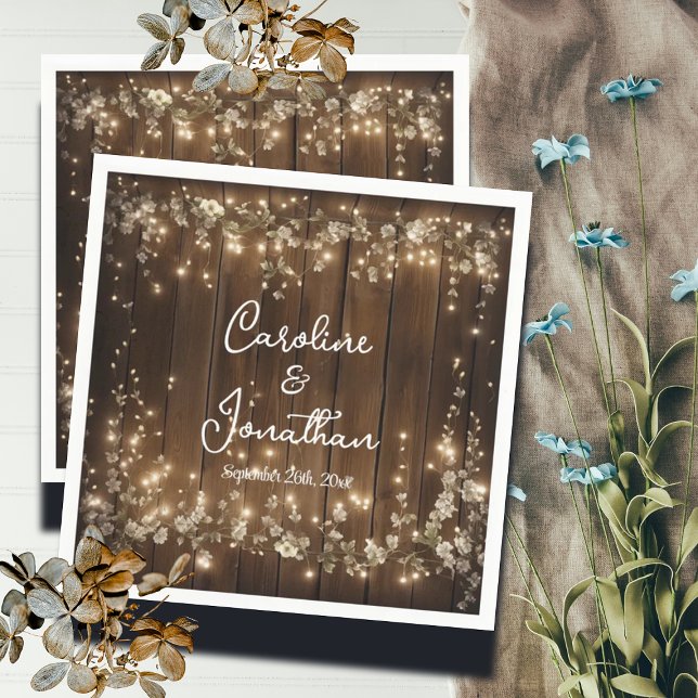 Wood Rustic String Lights White Floral Wedding Napkin (Creator Uploaded)