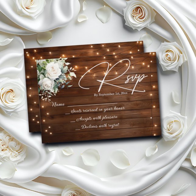 Wood Rustic String Lights White Roses Wedding RSVP (Creator Uploaded)