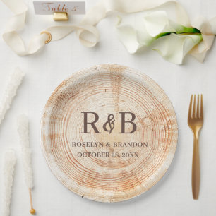 Wood Rustic Wedding Custom Monogram Names Paper Plate