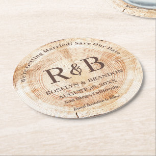 Wood Rustic Wedding Monogram Names Save the Date Round Paper Coaster