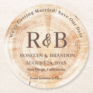 Wood Rustic Wedding Monogram Names Save the Date Round Paper Coaster