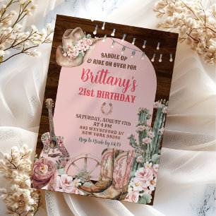 Wood Rustic Western Pink Boots Cowgirl Birthday Invitation