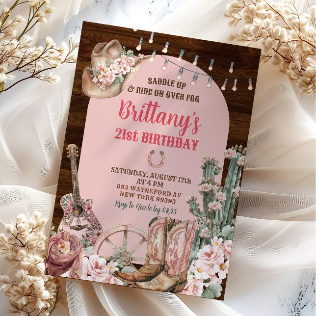 Wood Rustic Western Pink Boots Cowgirl Birthday Invitation (Creator Uploaded)