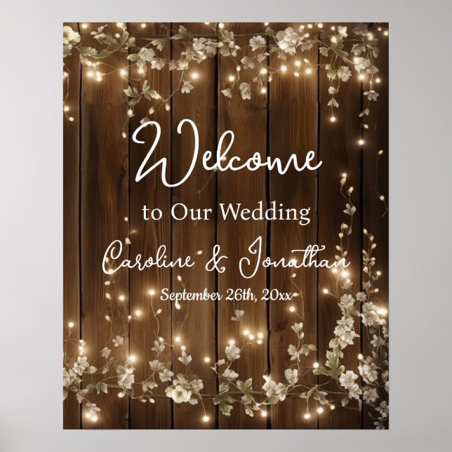 Wood Rustic White Floral String Lights Welcome Poster (Front)