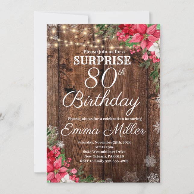 Wood Rustic Winter Surprise 80th Birthday Invitation (Front)