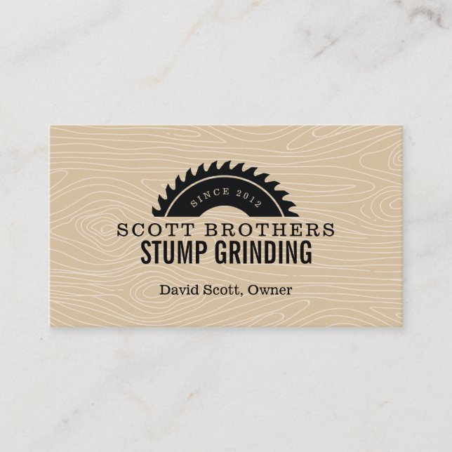 Wood Saw Stump Grinding Tan Black Woodgrain Business Card (Front)