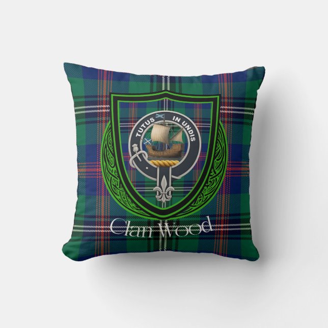 Wood Scottish Clan Tartan & Crest Cushion (Front)