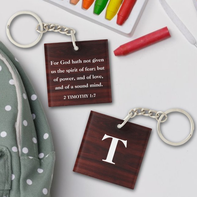 Wood Scripture 2Timothy 1:7 Customisable Monogram Key Ring (Creator Uploaded)
