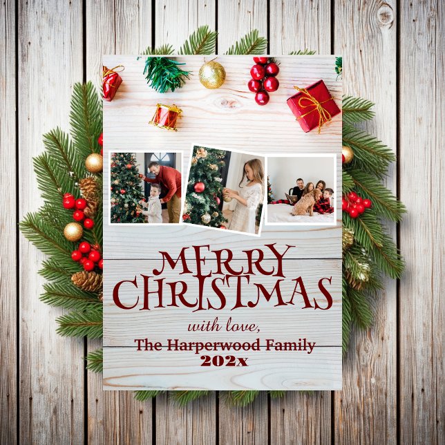 wood simple elegant family christmas Photo collage Holiday Card (Creator Uploaded)