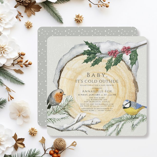 Wood Slice Bird Baby It's Cold Outside Baby Shower Invitation (Creator Uploaded)