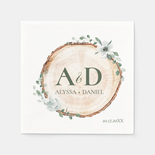Wood Slice Botanical Rustic Wedding Monogram  Napkin (Front)