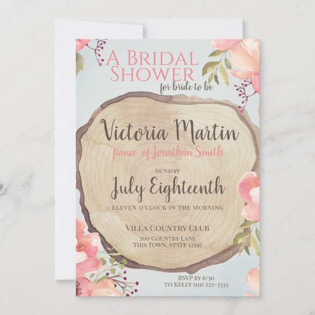 Wood Slice Floral Bridal Shower Invitation (Front)