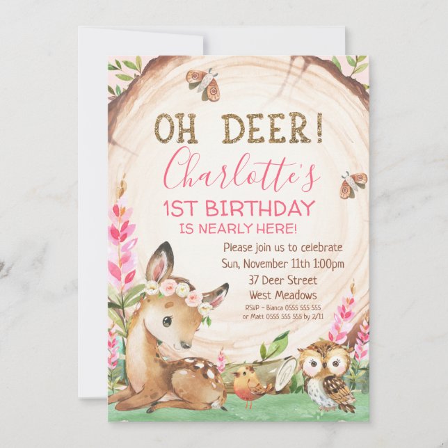 Wood Slice Floral Oh Deer Girls Birthday Invitation (Front)