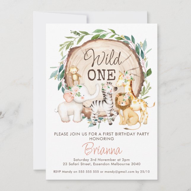Wood Slice Foliage Girls Safari First Birthday Invitation (Front)