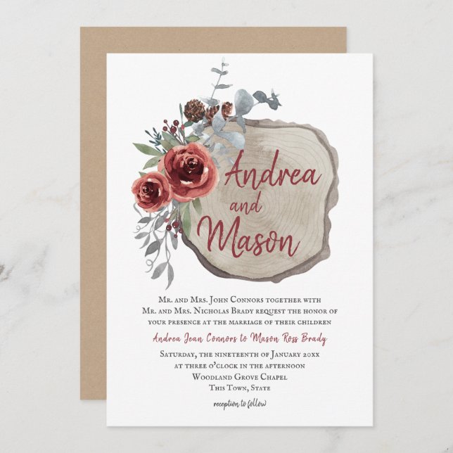 Wood Slice Marsala Red Wine Rose Rustic Wedding Invitation (Front/Back)