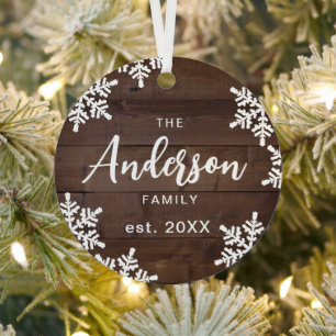 Wood Snowflakes Custom Family Name Script Xmas Metal Tree Decoration
