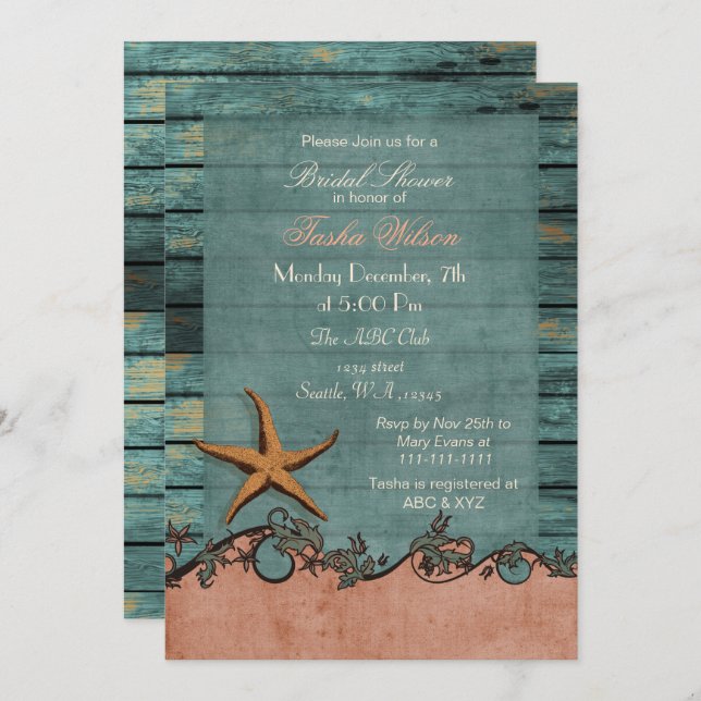 Wood Starfish Coral Rustic Beach Bridal Shower Invitation (Front/Back)