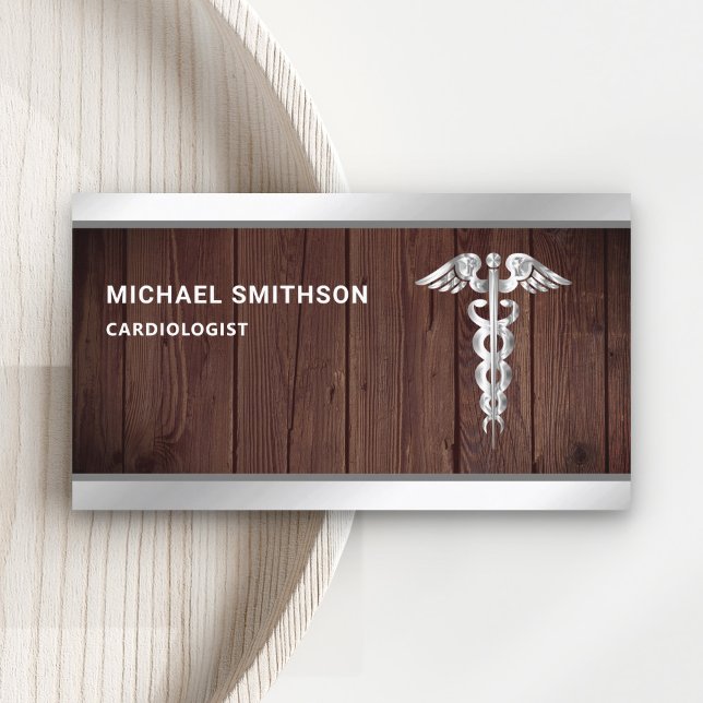 Wood Steel Caduceus Symbol Medical Professional Business Card (Creator Uploaded)