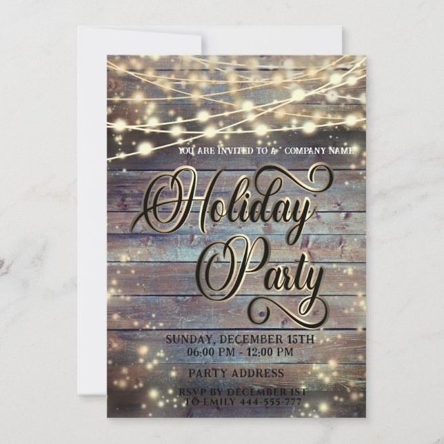 Wood string lights corporate Holiday party Invitation (Front)