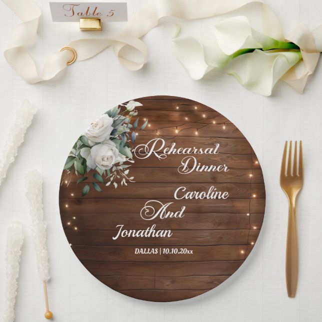 Wood String Lights Floral Rehearsal Dinner Wedding Paper Plate (Wedding)