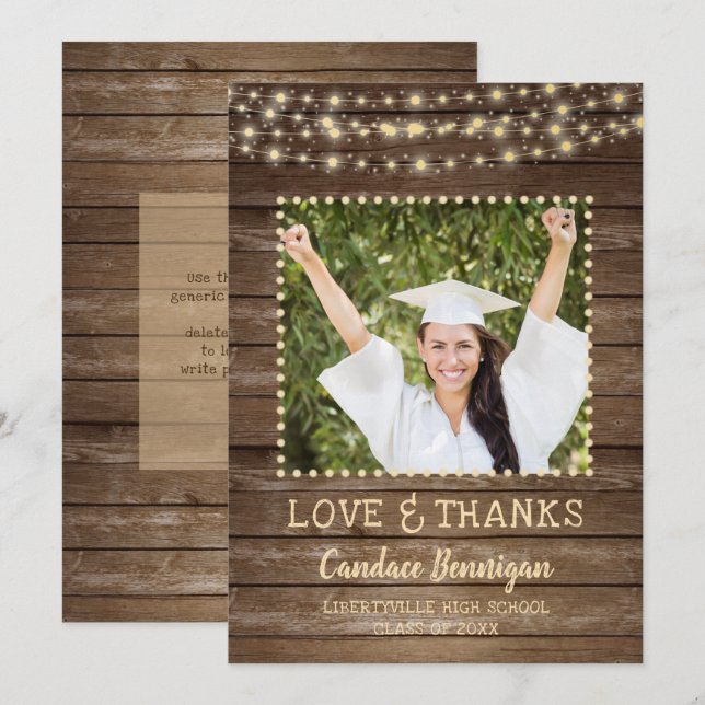 Wood String Lights Graduation Photo Thank You Announcement (Front/Back)