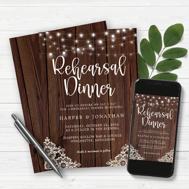Wood String Lights Lace Wedding Rehearsal Dinner Invitation (Creator Uploaded)