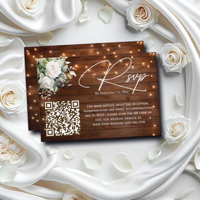 Wood String Lights Roses QR Code Wedding RSVP Card (Creator Uploaded)