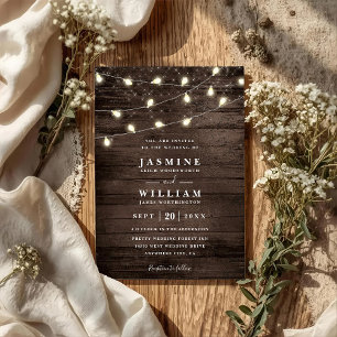Wood String Lights Rustic Country QR Code Wedding Invitation