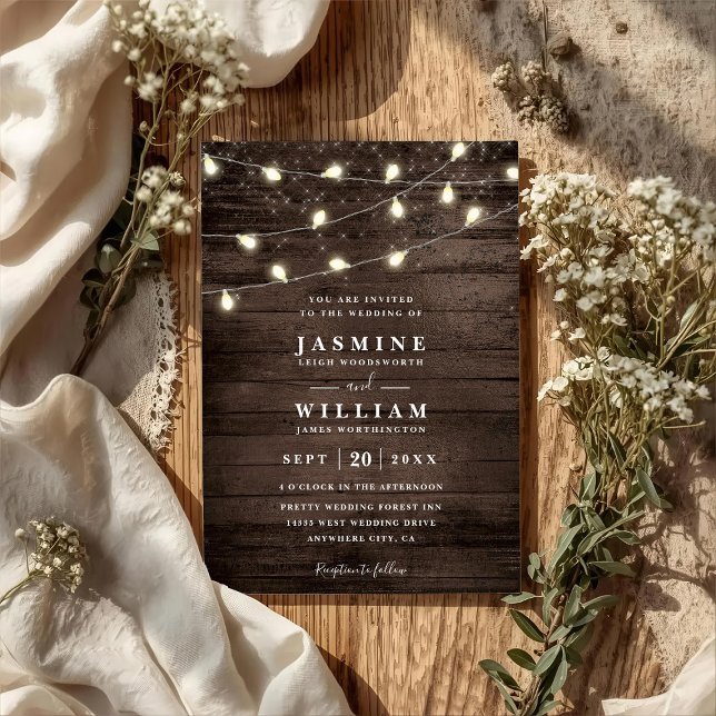 Wood String Lights Rustic Country QR Code Wedding Invitation (Creator Uploaded)