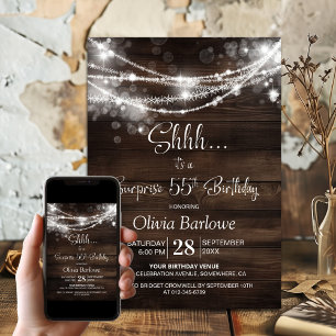 Wood String Lights Surprise 55th Birthday Party Invitation