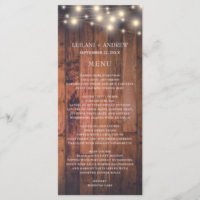 Wood String Lights Wedding Menu (Front)