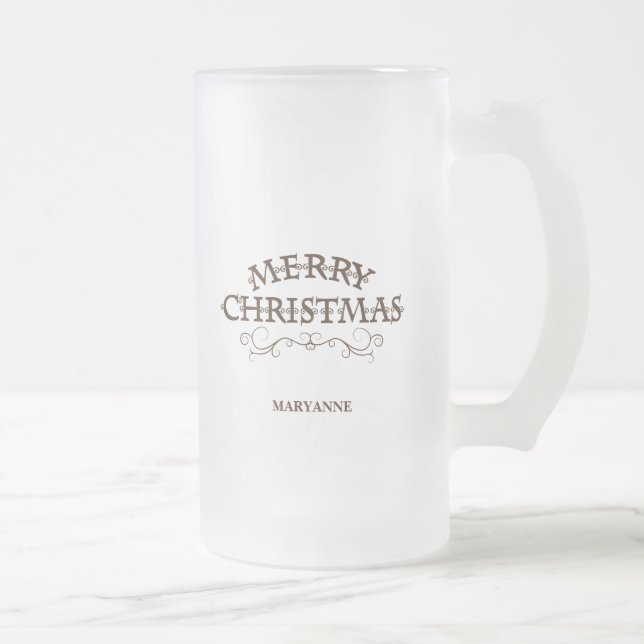 Wood Style, Merry Christmas Frosted Glass Beer Mug (Right)