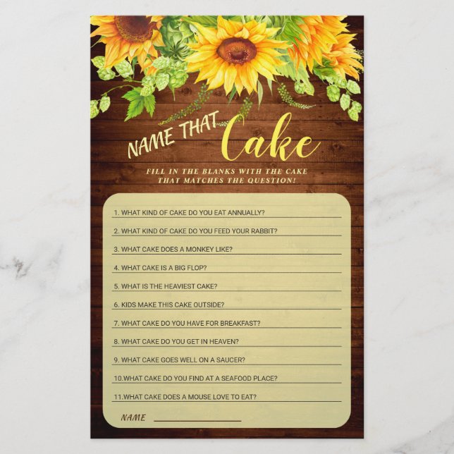 Wood Sunflower Blossom Greenery Bridal Shower Game (Front)