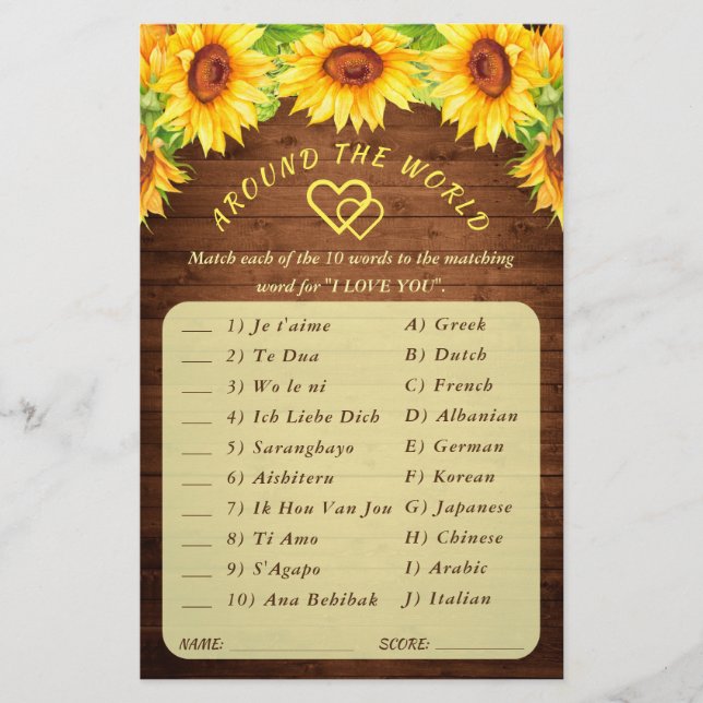 Wood Sunflower Blossom Greenery Bridal Shower Game (Front)