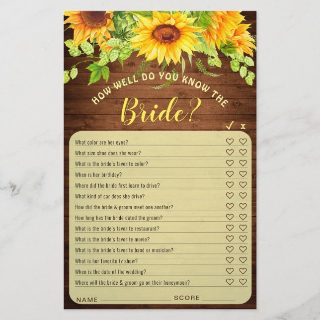 Wood Sunflower Blossom Greenery Bridal Shower Game (Front)