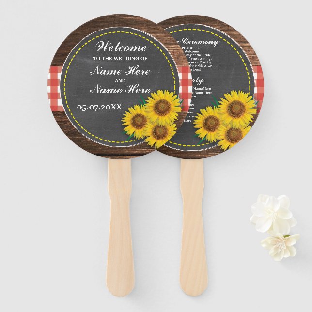 Wood Sunflower Chalk Wedding Programme Hand Fan (Front and Back)