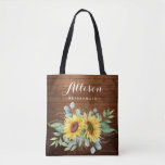 Wood Sunflower Eucalyptus Rustic Wedding Tote Bag<br><div class="desc">Give your bridal party a tote bag that'll make them feel totally flattered! These totes come customised to say anything that you'd like. For further customisation, please click the "customise further" link and use our design tool to modify this template. If you need help or matching items, please contact me....</div>