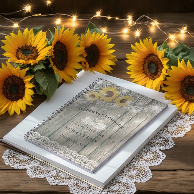 Wood Sunflower Lace String Light Wedding Guestbook Spiral Notebook (Creator Uploaded)