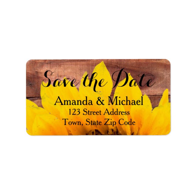 Wood Sunflower Rustic Save the Date Label (Front)