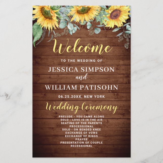 Wood Sunflower Rustic Wedding Ceremony Program (Front)