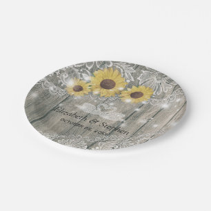 Wood Sunflowers Lace String Lights Wedding Shower Paper Plate