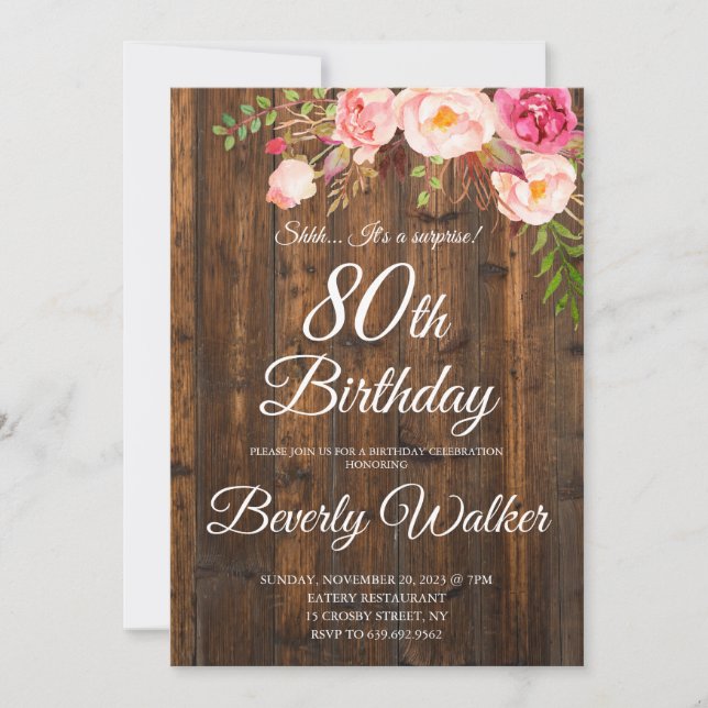 Wood Surprise 80th Birthday Rustic Floral Invitation (Front)