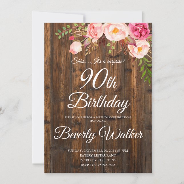 Wood Surprise 90th Birthday Rustic Floral Invitation (Front)