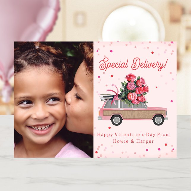 Wood SUV Roses Photo Valentine Card (Creator Uploaded)